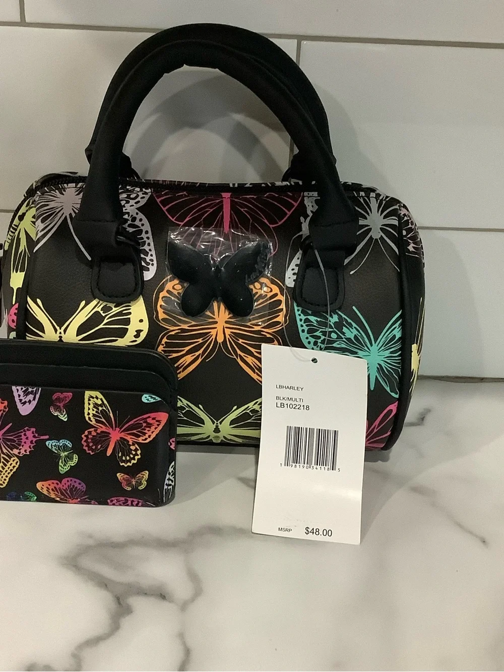 Black Butterfly Print Women’s Satchel Bag with Neon Accents includes card holder